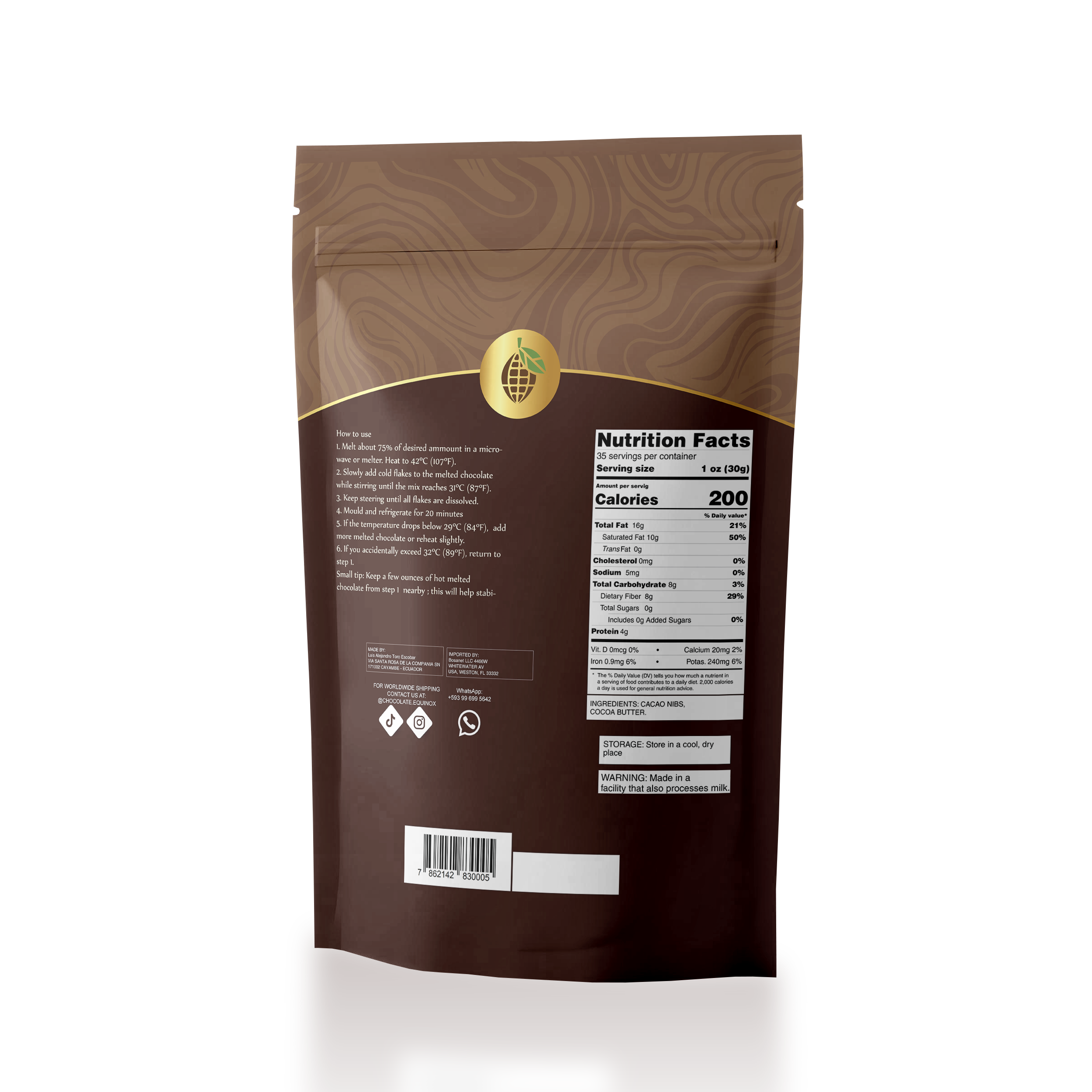 CASEBOX of 8 bags of 2.2 pounds EQUINOX - DARK CHOCOLATE EASY FLAKES 100% CACAO