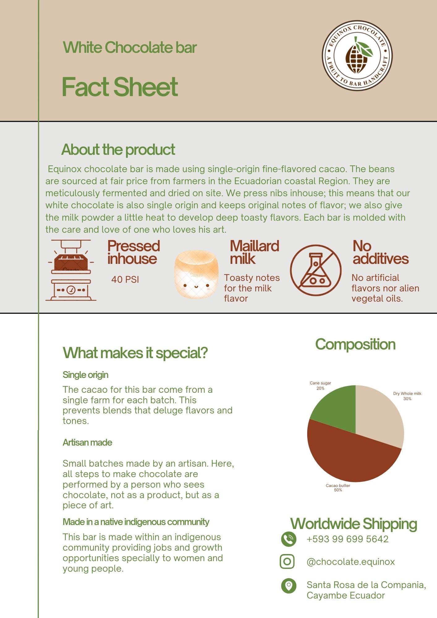 EQUINOX - WHITE CHOCOLATE BAR - 20 UNITS DISPLAY; EACH OF 3oz (90g) Includes postcard