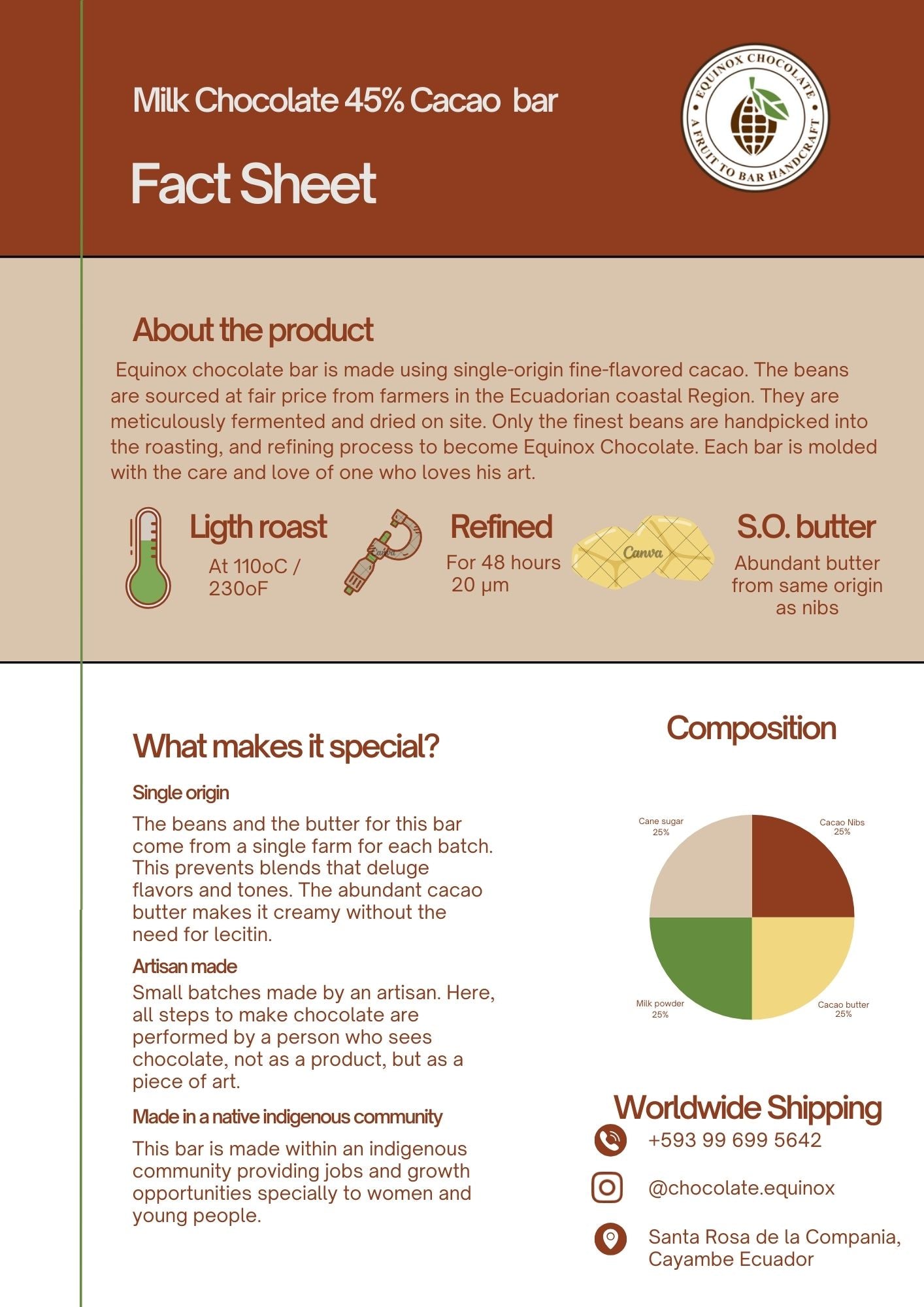 EQUINOX - MILK CHOCOLATE BAR 45% CACAO - 20 UNITS DISPLAY; EACH OF 3oz (90g) Includes postcard