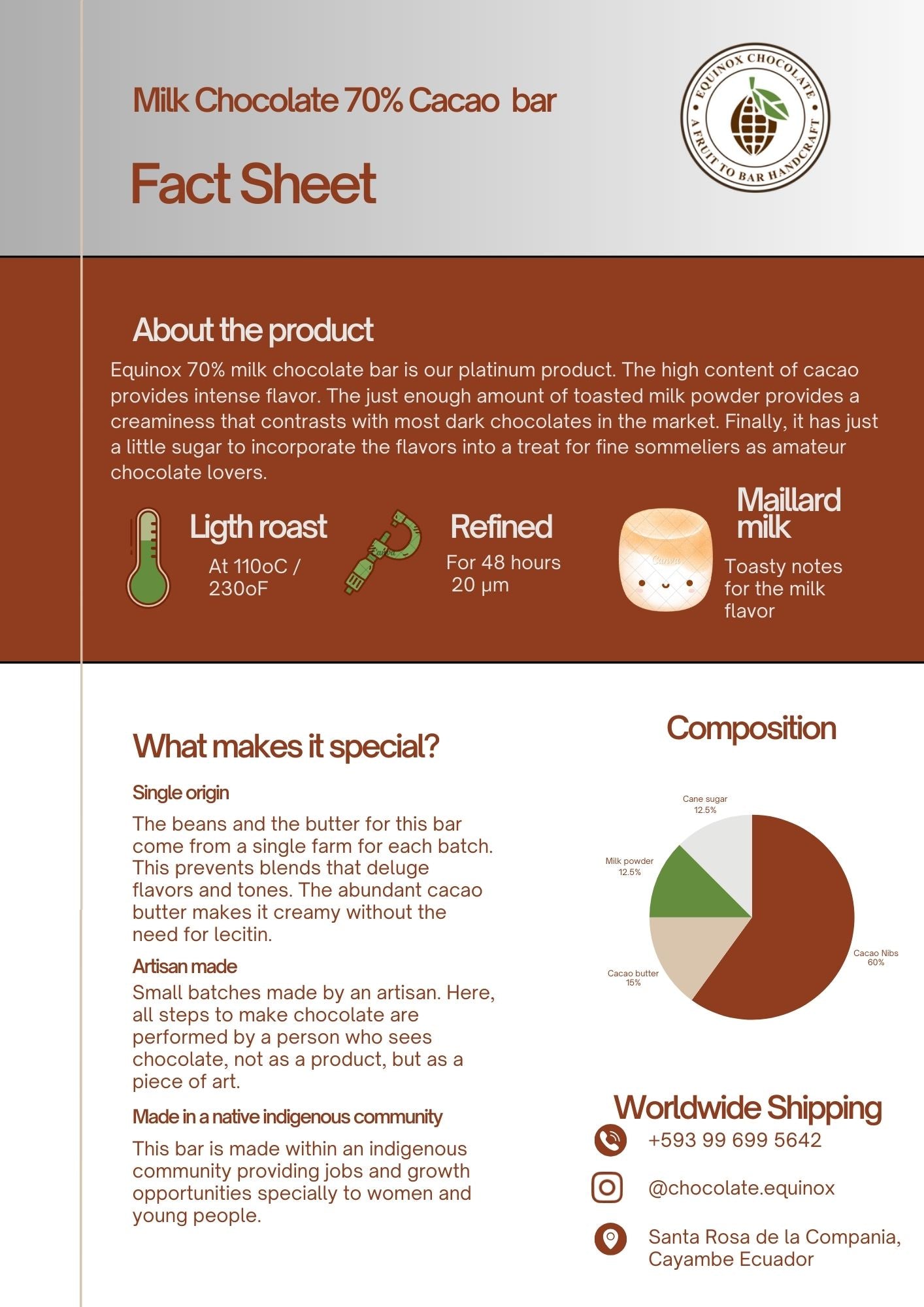 EQUINOX - MILK CHOCOLATE BAR 70% CACAO - 20 UNITS DISPLAY; EACH OF 3oz (90g) Includes postcard