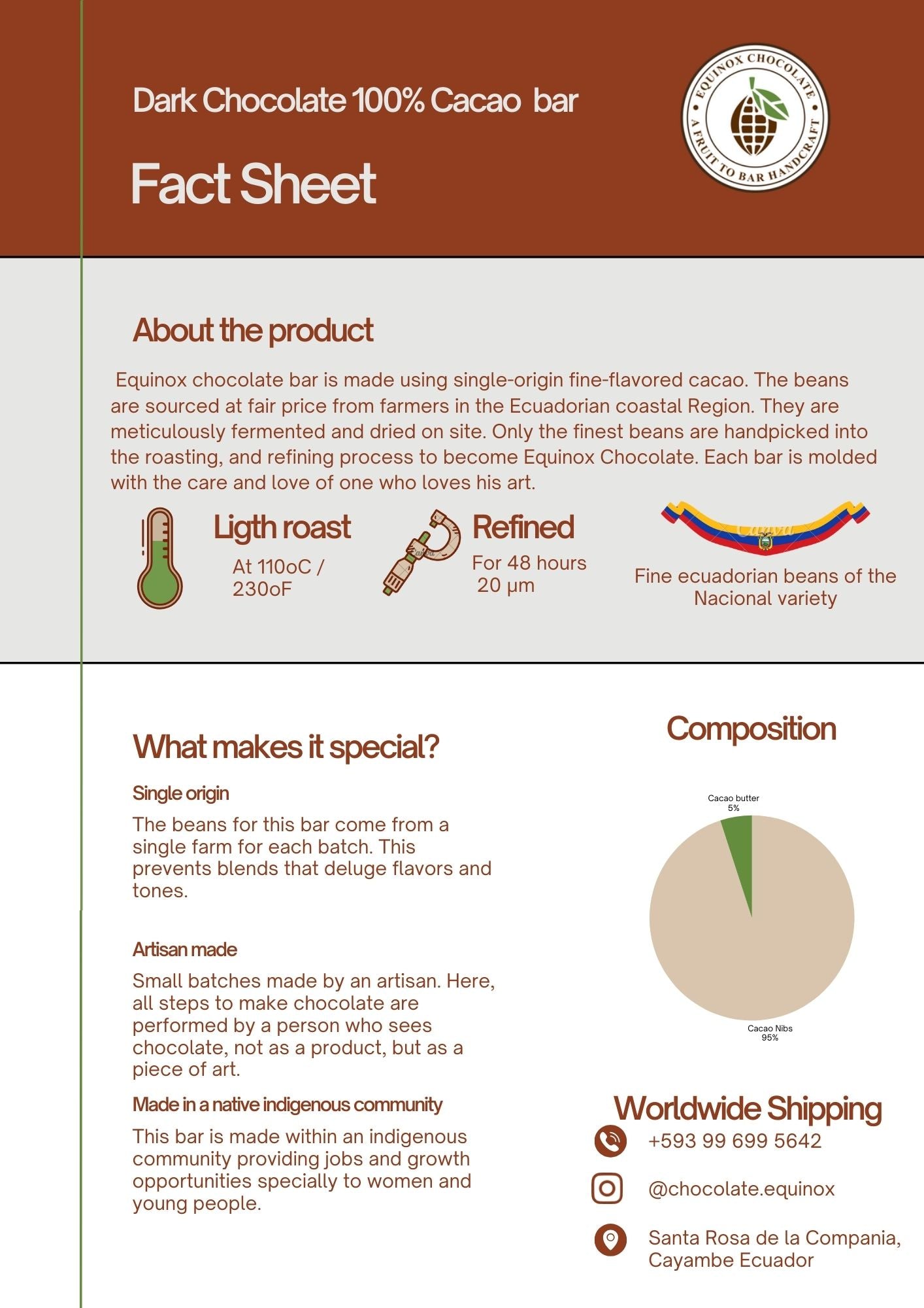 EQUINOX - DARK CHOCOLATE BAR 100% CACAO - 3oz (90g) Includes postcard