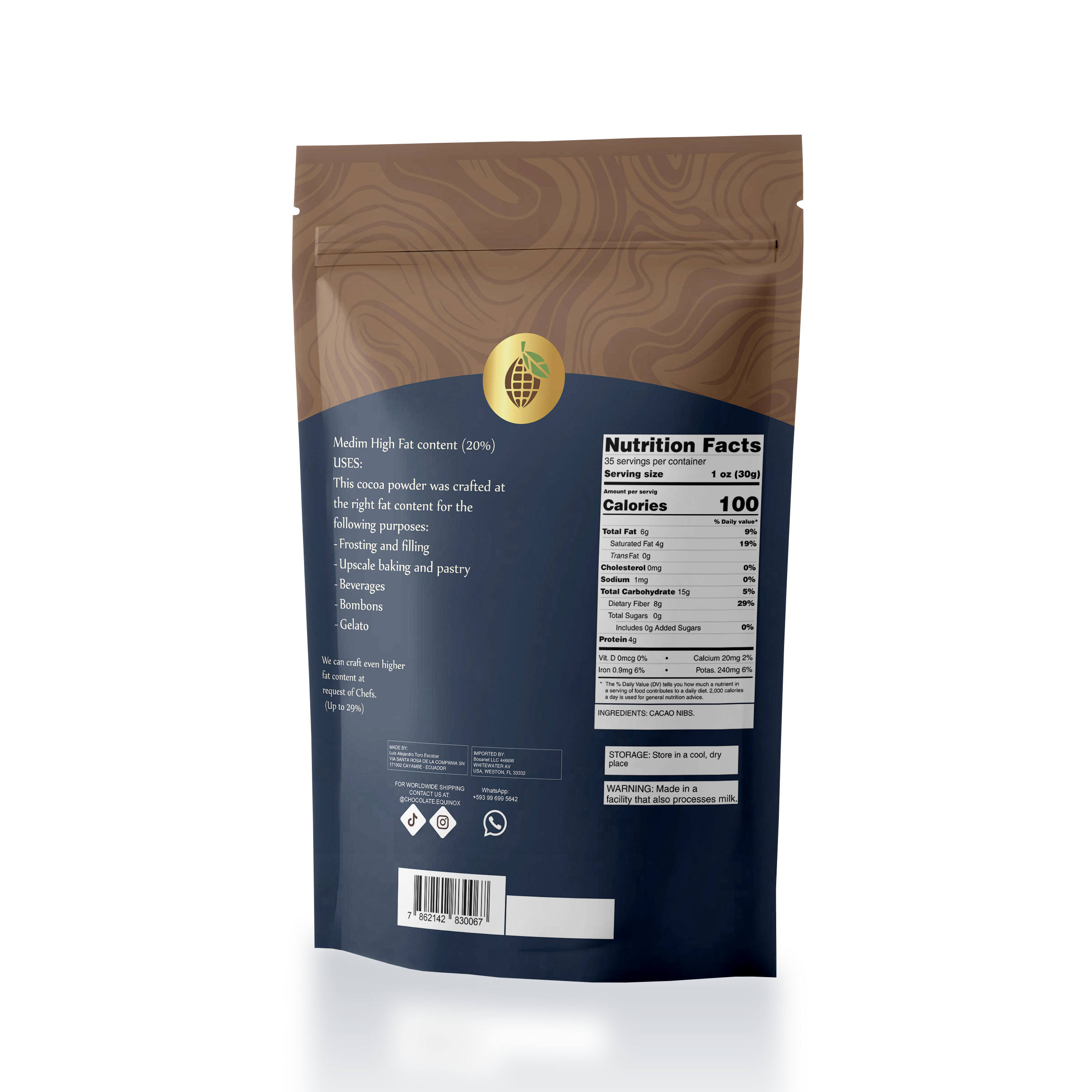 CASEBOX of 8 bags of 2.2 pounds EQUINOX - NATURAL COCOA POWDER 100% CACAO - medium/high fat